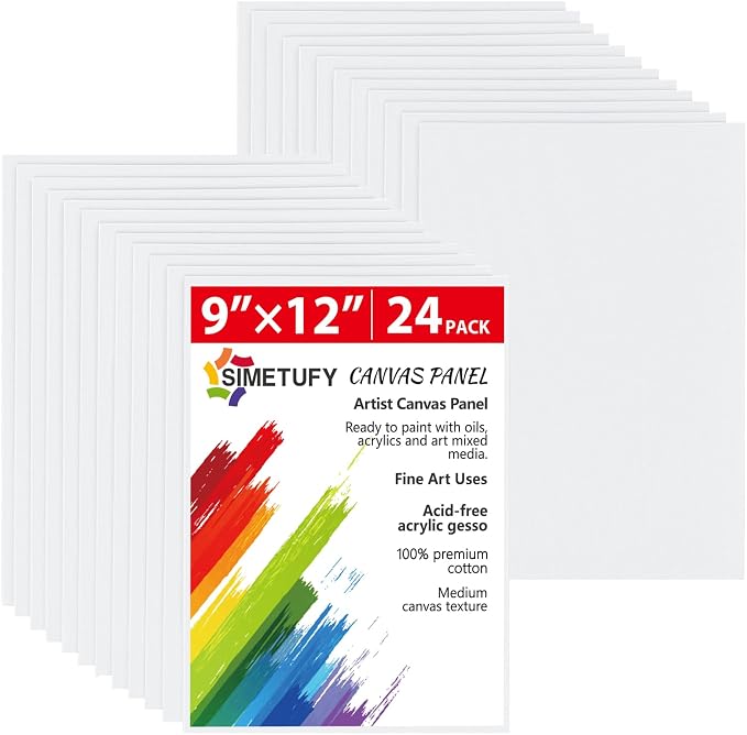 Simetufy 24 Pack 9x12 inch Flat Canvas Boards for Painting 8oz Gesso Primed | Acid-Free 100% Cotton Canvas Panels for Acrylics Oil Watercolor Tempera Paints