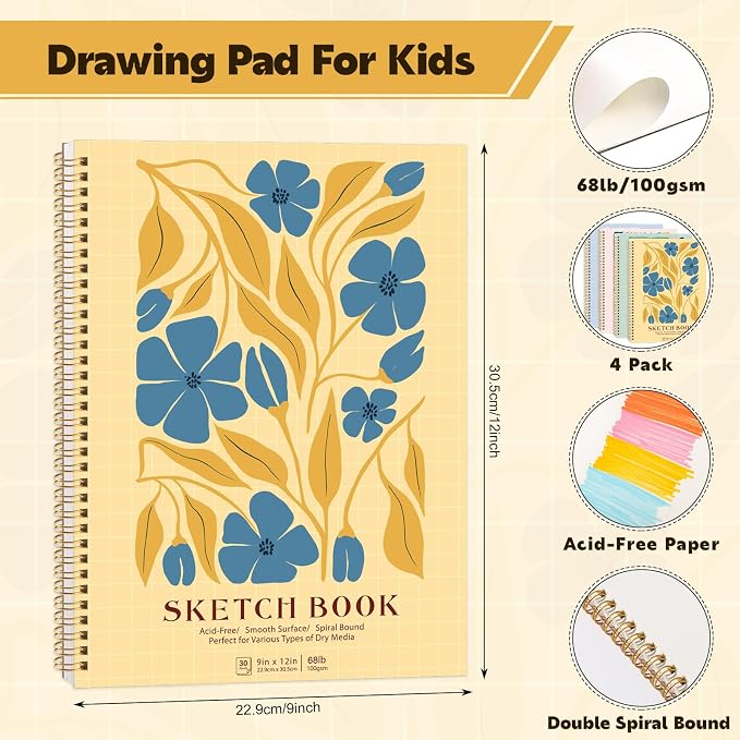 9 × 12 Sketch Book, Spiral Bound, Perforated Pages, 1 Pack | Smooth Paper for Pencil, Charcoal, Colored Pencil, Pastel; Lay-Flat Spiral; Sturdy Cover for Class, Studio, Travel