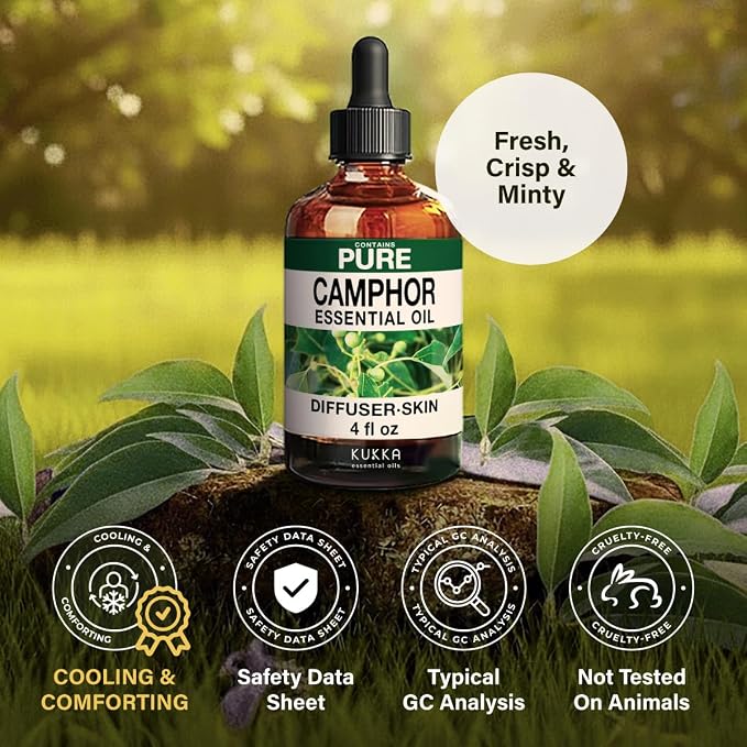 Kukka 100% Pure Camphor Essential Oil for Skin, Diffuser, 4 Fl Oz | Camphor Oil for Diffuser Blends, Muscle Massage & Home Freshening in an Undiluted Dropper Bottle