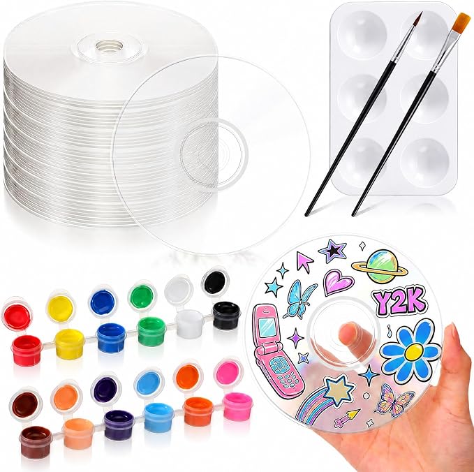 Sabary 29 Pcs DIY CD Painting Kit Painting Gift Include 24 Pcs 4.72'' Blank Cds 12 Colors Acrylic Paint with 2 Brushes Ideal for CD Art Craft Kit for Creative Projects Home Decor Activities (Clear)