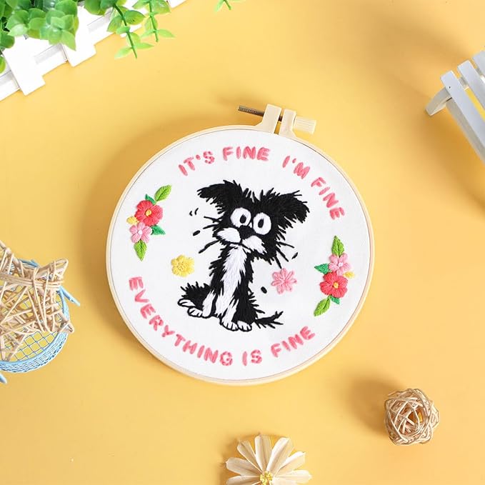 Louise Maelys Funny Dog Embroidery Kit for Beginners Floral Craft | Cross Stitch Kits with Pre-Printed Fabric, Embroidery Hoop, Threads, Needles and Guide. Needlepoint Kit for Beginners