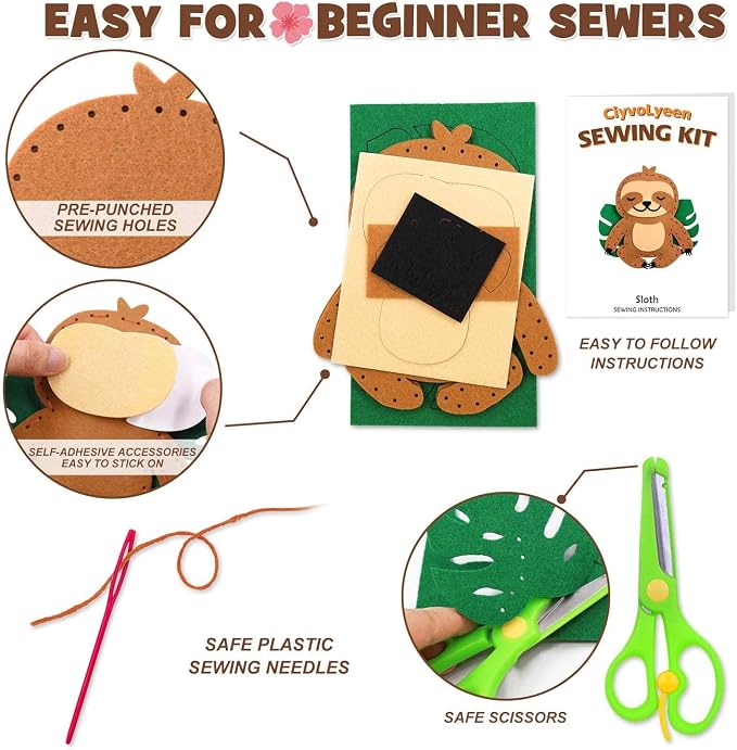CiyvoLyeen Kids Sewing Kit Crafts – DIY Sloth & Jungle Animal Felt Crafts Sewing Set for Girls & Boys Ages 8–12 Learn to Sew 8 Cute Animal Projects