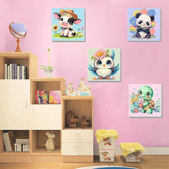 4 Pack Animal Paint by Number for Kids with Wooden Frame - Wooden Easel | Paint by Numbers for Kids Ages 4-8-12, Easy Panda Sea Turtle Owl Cow DIY Oil Painting Kits for Home Wall Decor (8X8 inch)
