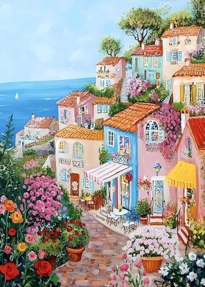 The Flower Town by the Sea Diamond Art Kits for Adults, Diamond Painting Kit for Beginners, Round 5D DIY Diamond Dots art,Full Drill Painting Kit Art and Crafts for Adults Home Wall Decor11.8x15.7inch