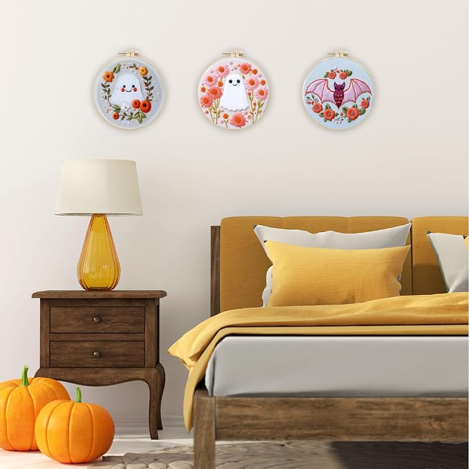 LB Pink Halloween Embroidery Kit for Beginners Adults, 3 Sets Hand Embroidery Starter Kit with Ghost Pattern and Instructions Stamped Cross Stitch Kits Include Embroidery Hoop Needles Threads Scissors