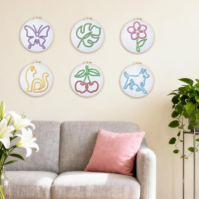 BEUNITONE Abstract Animal Embroidery Kit, 6PC Modern Line Art Needlepoint Kits with Hoops, Instructions, Threads, DIY Craft for Adults Beginners, Home Decor, Hand Embroidery Patterns for Gifts