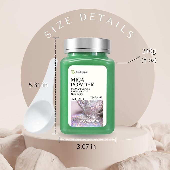 Mica Powder, ForestGreen, 240g with Scoop, Complies with ASTM D-4236 | For Epoxy Resin, Soap, Bath Bomb, Candle| Safety Material| Odorless| Brilliant Colors