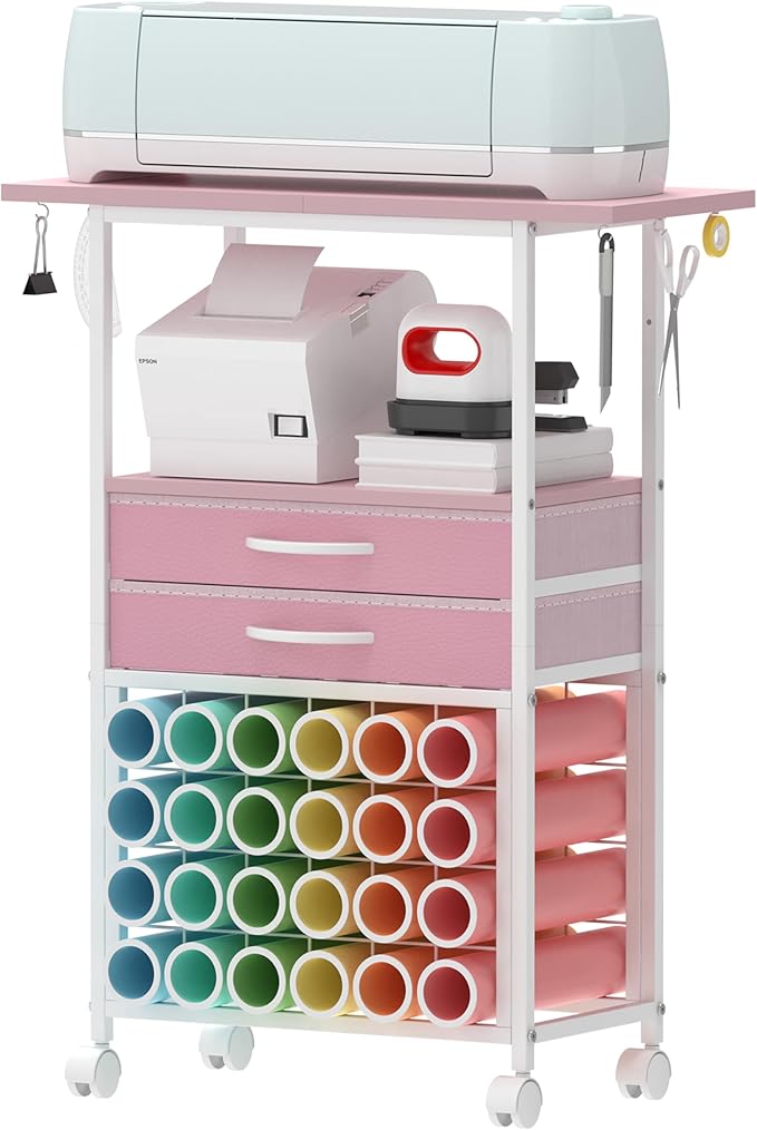 VENNQD Organizer and Storage Stand Compatible with Cricut Machines, Rolling Storage Cart/Shelf with 24 Vinyl Roll Holders, 2 Fabric Drawer, Accessories Holder, Tool Hook for Craft Room Home (Pink)