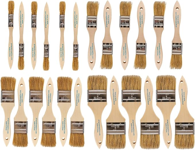 Pro Grade Chip Brushes, Disposable Paint Brushes, Assorted Sizes, 24 Piece | Natural bristle, wood handle | 4 widths, 6 of each | For stain, varnish & glue | Cabinets, furniture, crafts