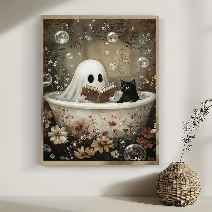 LKHMVCA Halloween Ghost Read Cat Flower Paint by Number Kits for Adults, DIY Paint by Numbers Kits for Adults Beginners Without Frame, Acrylic Paint Canvas Painting Kits Art for Home Decor 16x20 Inch