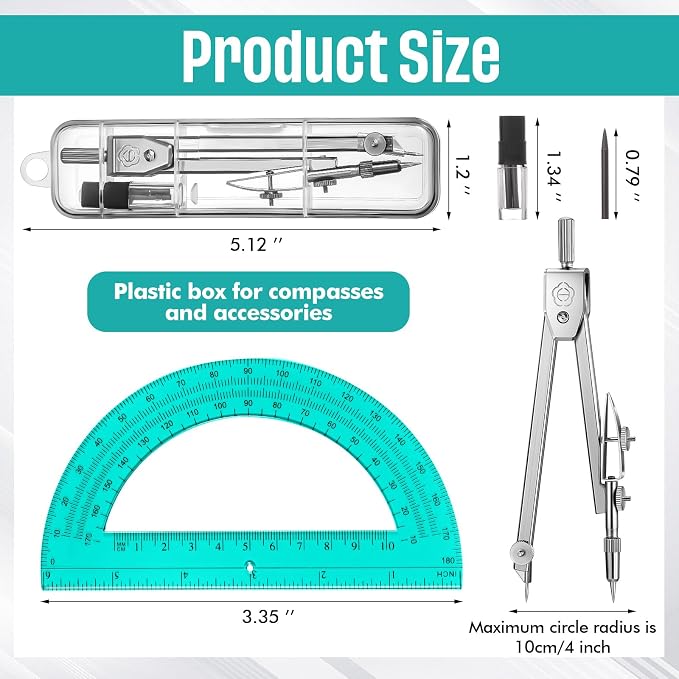 EBOOT Drawing Compass and 6 in Protractor Geometry Set, Turquoise | Geometry Math Set, Swing Arm Protractor Ruler Compass, Geometry Drawing Tools for Measuring Angles