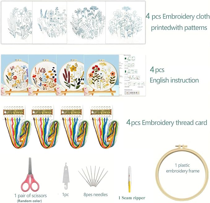 Zhenqing Floral Embroidery Kit - 4 Piece 29x29cm Round Hoop Art Set with Pre-Printed Cotton Fabric, Embroidery Hoop, Threads & Tools for Beginners (C0010)