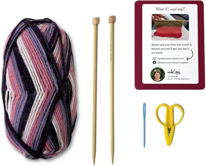 The Spinning Hand Knitting Kit for Beginners Adults – Educator-Designed, Self-Striping Wool Yarn, Bamboo Needles & Video Tutorials (Fresh Figs)