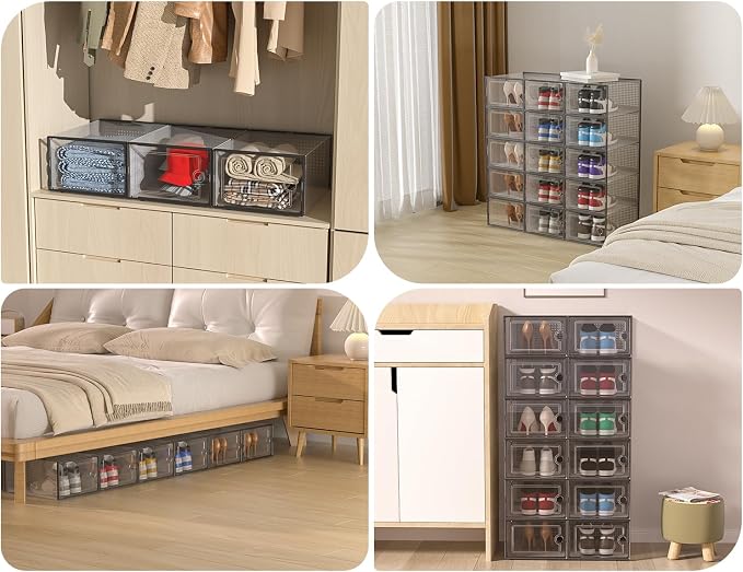 Kuject XX-Large Shoe Storage Boxes 12 Pack, Clear Stackable Shoe Organizer