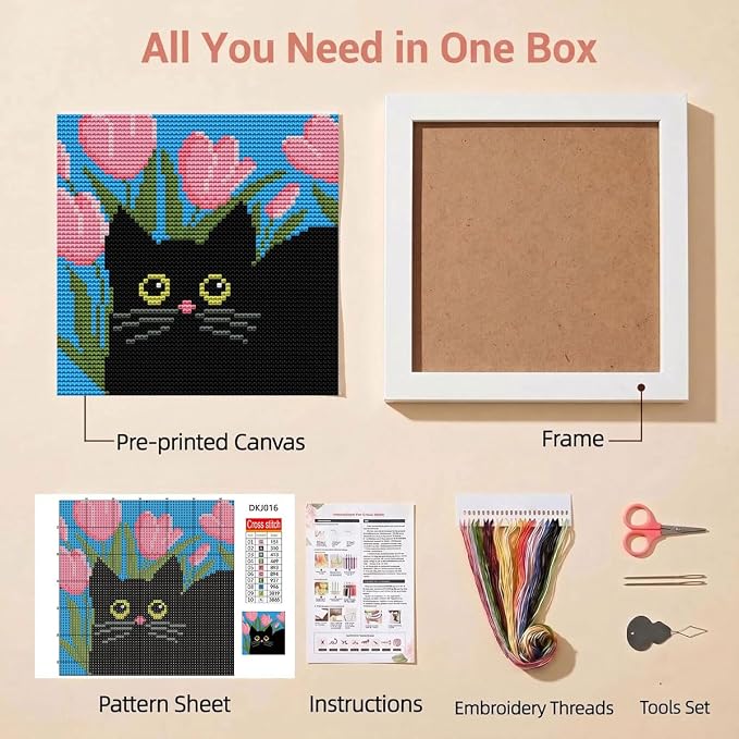 Black Cat Stamped Cross Stitch Kits for Beginners Adults with Framed | Flower Needlepoint Counted Cross Stitch Kits for Beginners Adults with Framed Embroidery Kits Arts and Crafts 6 x 6 inch