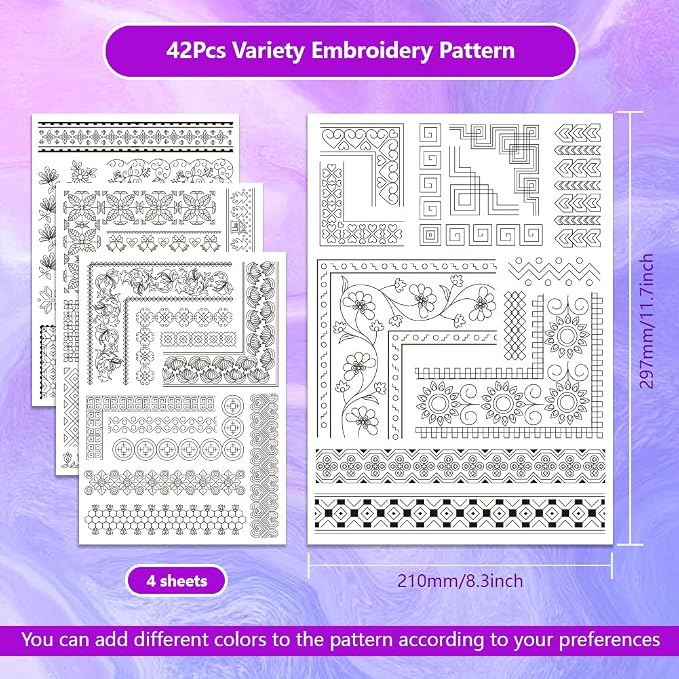 ORIGACH 4 Sheets Water Soluble Embroidery Patterns Stabilizers - Pre-Printed Borders & Motifs Designs - Stick & Stitch Embroidery Paper for Hand Sewing Lovers