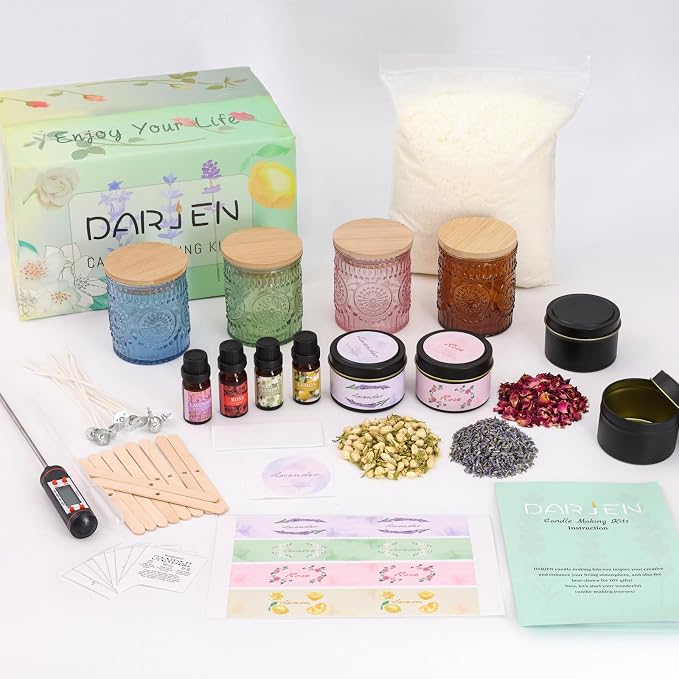 DARJEN Candle Making Kit for Adults, 8 Jars & Tins Soy Wax Scented DIY Set | 100% Soy Wax, 10oz Glass Jars, 4oz Tins, Cotton Wicks, Pleasant Scents, Instruction& More- Perfect as Home Decorations