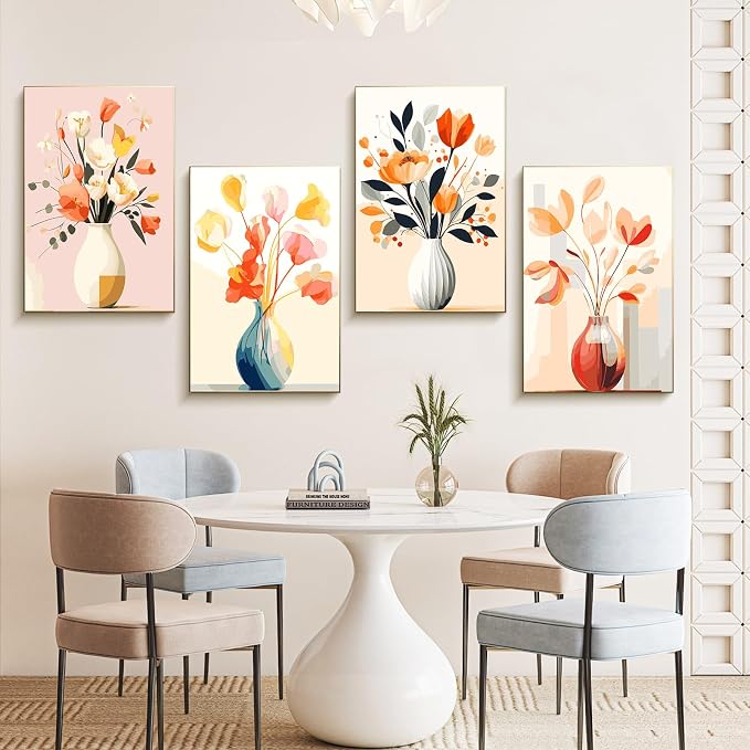 4 Pack Framed Paint by Numbers Kit for Adults with Wooden Easel, 8x12 Inch | Flowers Vase, Easy DIY Acrylic Canvas Craft Kit with Frame for Beginners, Home Decor, Stress Relief Relaxing Hobby Gift