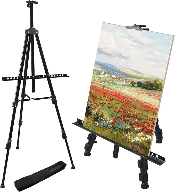 RRFTOK 72 in Art Easel Stand, Adjustable Metal Tripod, Dual-Layer | Dual-layer supports canvas or signs at two heights; adjusts up to 72 in with spring clip and reinforced chain for stability.