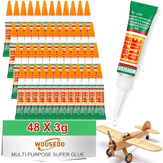 WOUSEDO 48 X 3g Super Glue Clear, Strong Adhesive,Super Glue Fast Drying Cyanoacrylate Glue for Wood,Rubber,Leather, Plastic, Metal, Rhinestone Jewelry, DIY Crafts and More