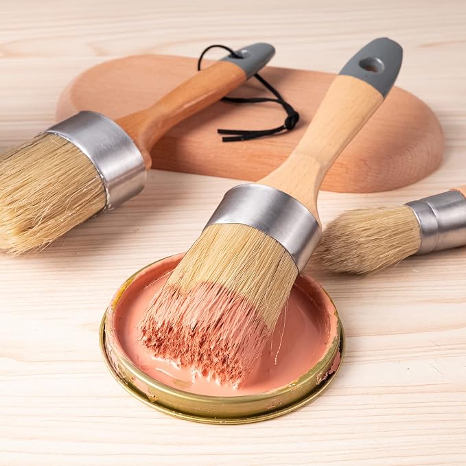 Mister Rui Chalk Wax Paint Brush 3 pcs, Large Wax Brush for Furniture | Stencil Brushes for All in One Paint Acrylic Paint, Cabinets, Natural Bristles, 1 Small Round Brush and 2 Large Oval Brushes