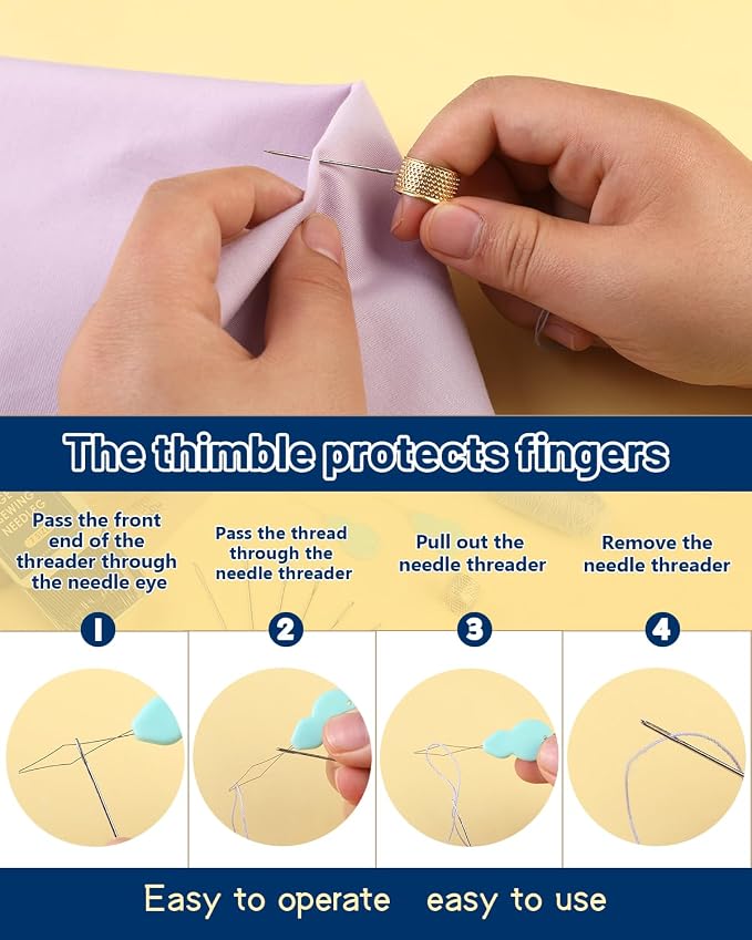 70 Pcs Hand Sewing Needles, 7 Size Large Eye Sewing Sharp Needles | Leather Embroidery Thread Needle, Stainless Steel Yarn Knitting Needle with Threader, Thimble for Repair, Quilting