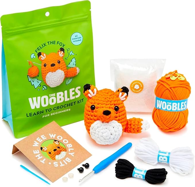 The Woobles Crochet Kit for Beginners (Felix the Fox) | As seen on Shark Tank, Kit includes: Easy Peasy Yarn, pre-started piece, hook, safety eyes, stuffing, video tutorials