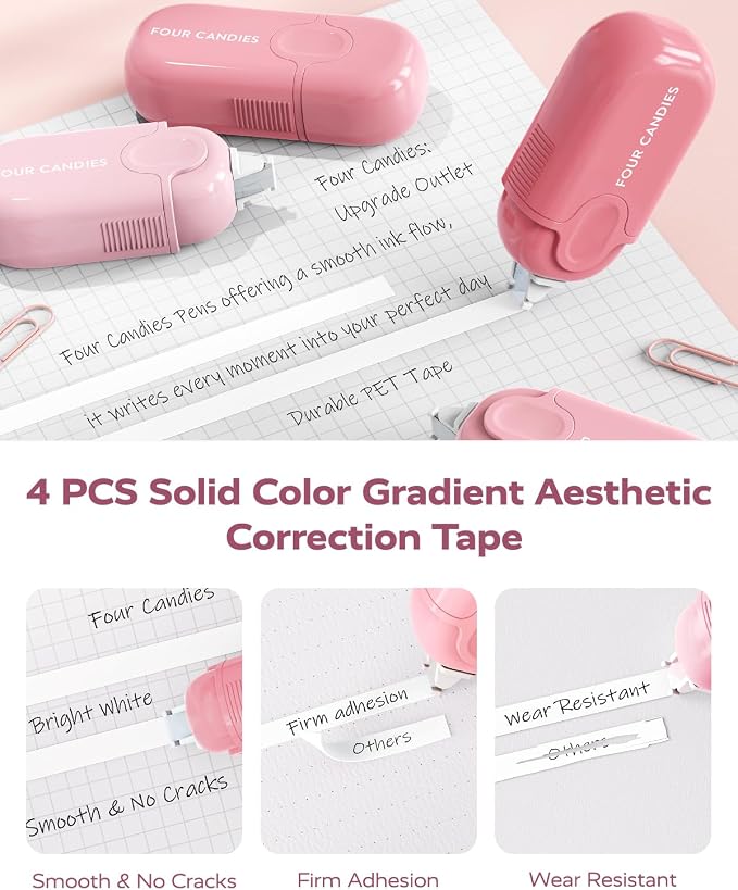 Four Candies Cute Aesthetic Pink School Supplies Kit for Girls