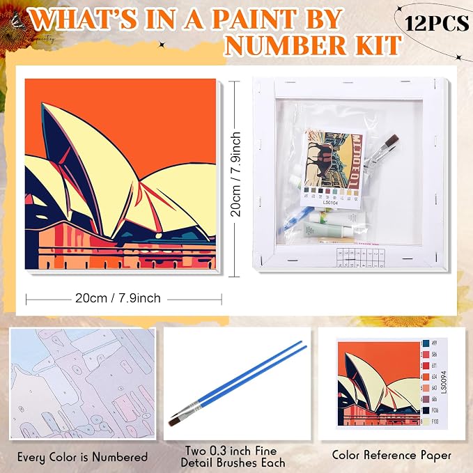 Nezyo 12 Sets Paint by Numbers for Adults with Frame, 8 X 8 Inch | DIY Acrylic Painting Canvas Kit, Ideal for Painting Party Classroom Activity, Beginner Friendly, Birthday Gift Ideas
