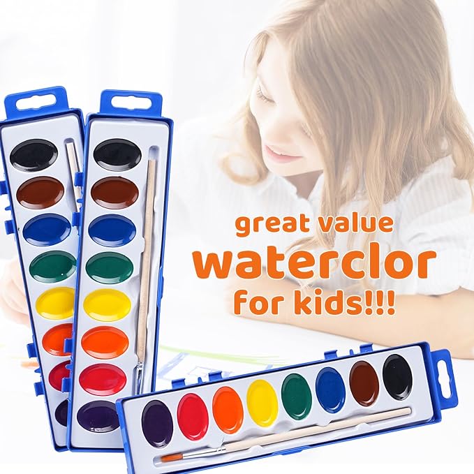 Washable Watercolor Paint Set for Kids, 24 Pack, 8 Colors | with Wood Brushes, Non-Toxic, for Classroom, Party Favors & Homeschool