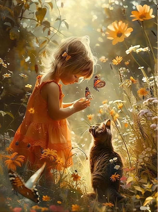 YUXUANKANG Diamond Painting Kit, Girl with Butterfly and Cat in Flower Garden, Fantasy Nature Scene 12X16inch