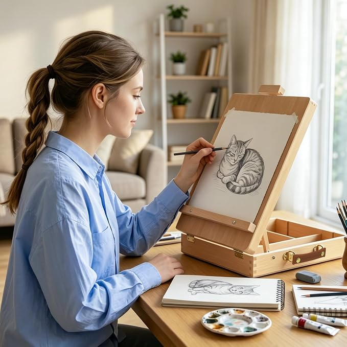 Tabletop Easel for Painting, Adjustable Beechwood Sketchbox, Portable | Features detachable shoulder strap for travel, Large storage box with adjustable angles for adults, artists & beginners