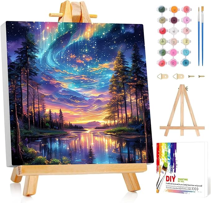 Framed Paint by Numbers Kit for Adults Beginner Kids Ages 8-12 Starry Night Adult Paint by Number Kits on Canvas with Easel Landscape Painting by Numbers for Adults with Frame DIY Painting Kits 8x8 In