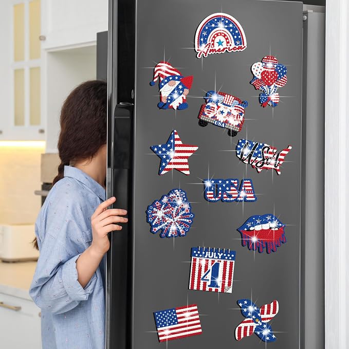 Zonon 12 Pcs 4th of July Diamond Painting Magnets Kit DIY American Flag Diamond Art Fridge Magnets for Adults Patriotic Independence Day Magnetic Stickers Home Decorations