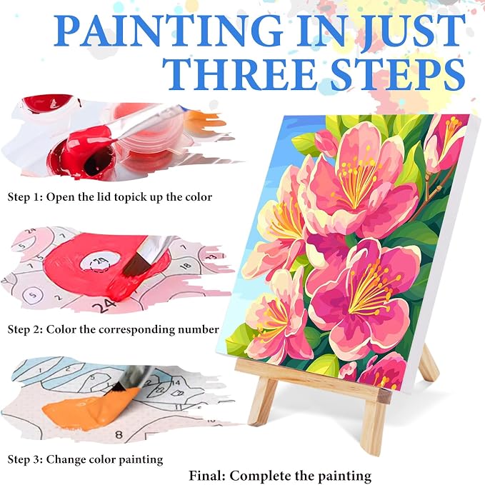 PRASIO 4 Pack Paint by Numbers Kit for Adults Framed Canvas with Wooden Easel, Flowers Easy Paint by Number Kits with Frame, Acrylic Watercolor Adult Paint by Number Kits on Canvas Framed 10x10 Inch