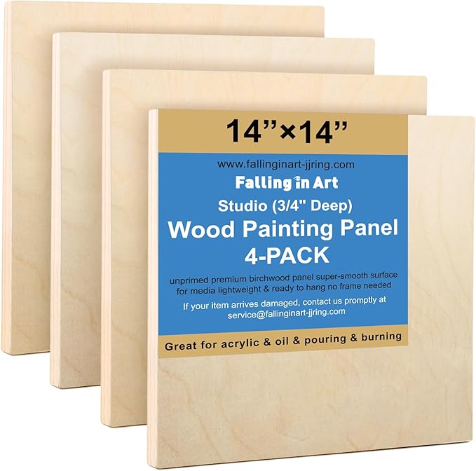 Falling in Art 4 Pack 14x14’’ Unfinished Birch Wood Panels Kit for Painting | Studio 3/4’’ Deep Wooden Canvas, Cradle Boards for Acrylic Pouring, Art, Crafts, Epoxy Resin, Laser Engraving Cutting