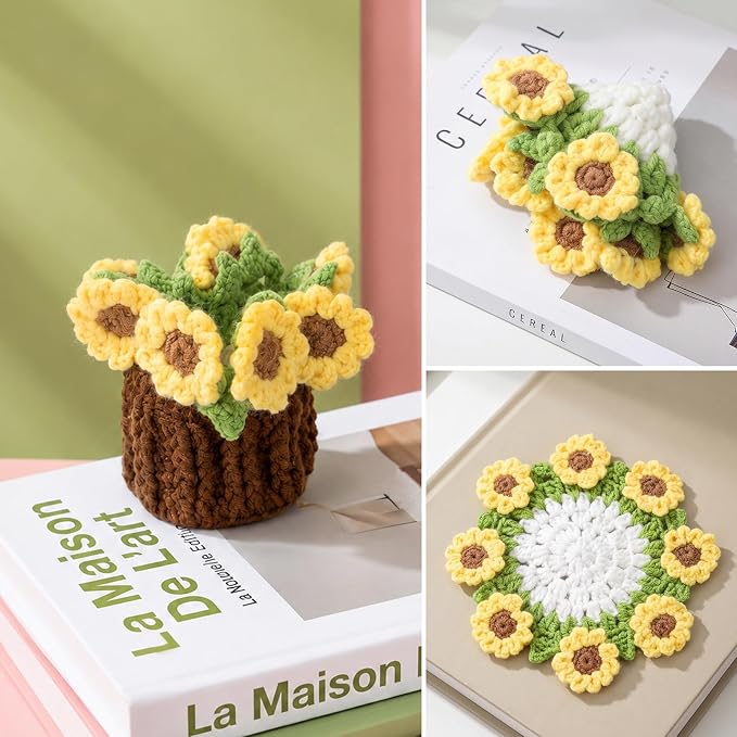 Sunflower Crochet Coasters Set - Knitted Cotton Flower Coaster | Mini Potted Plant Flower Decoration for Home Office Desk - Knitted Cotton Flowers Bouquet for Housewarming Gift Car Decor