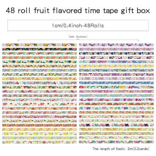icceemee 48 Rolls Fruit Theme Washi Tape Set, Writable Decorative Tapes for Scrapbooking, Junk Journal Supplies, Bullet Journaling, 0.39"x79" per Roll