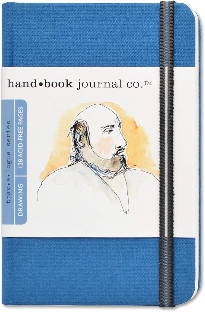 Handbook Journal Co. Sketch Book - Pocket Portrait 5.5 x 3.5 in Ultramarine European Linen-Bound Hard Cover, 128 Pages (64 Sheets) of 130 GSM Acid-Free Art Drawing Paper, Pocket and Elastic Closure