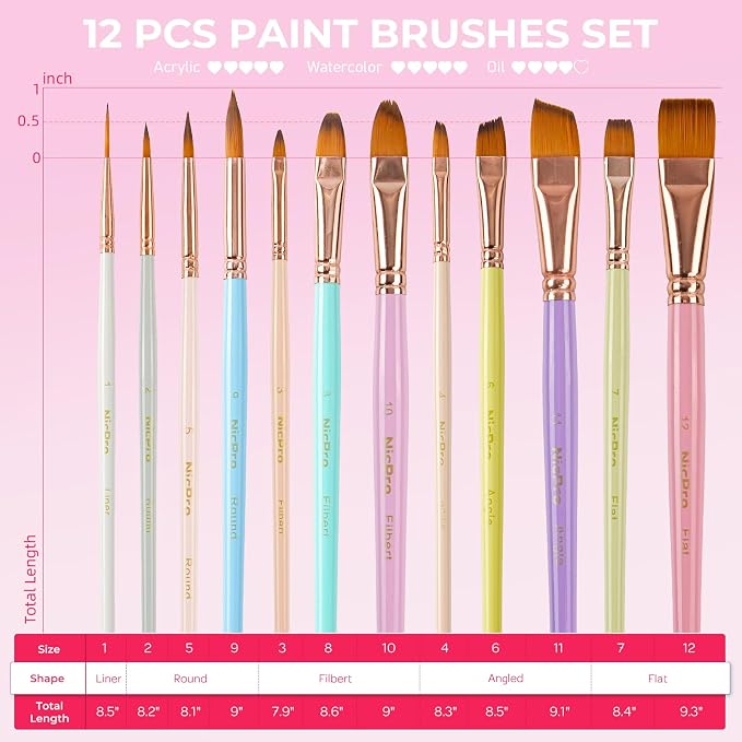 Nicpro 12pcs Artist Paint Brush Set, Paint Brushes for Acrylic Painting | Aesthetic Pastel Paintbrushes for Acrylic Oil Watercolor, Gouache, Craft, Face, Body, Art Supplies for Artists and Beginners