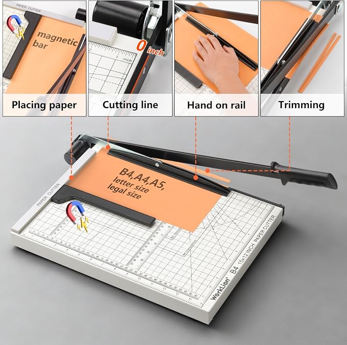 15 inch Guillotine Paper Cutter: Worklion Precision Paper Trimmer with Safety Lock,15 Sheet Capacity, Thickened Metal Based Cutting Board for Crafting Cardstock Photos Laminatedsheets in Class/Office