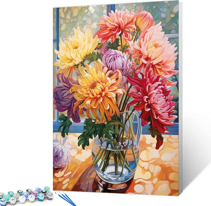 Tucocoo Persian Chrysanthemum in Vase DIY Paint by Numbers for Adults Flowers in Vase DIY Oil Painting Painting Kits Canvas with Acrylic Paints Flowers Floral Art 16x20 Inch （Without Frame ）