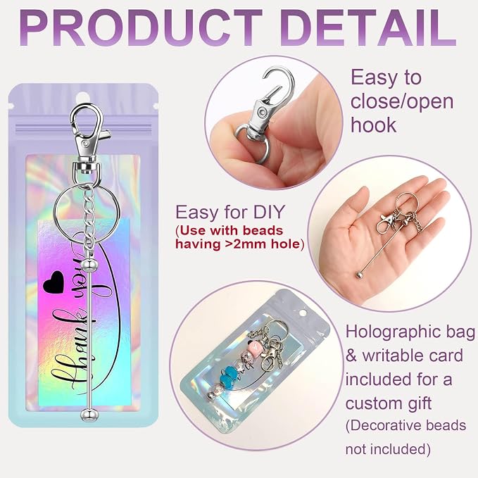 42/84/126 Pcs Beadable Keychain Bars Bulk Blank DIY Beaded Keychain Making Supplies with Bag Thank You Card