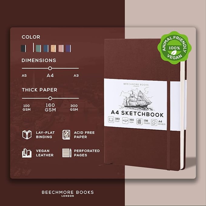 Beechmore Books A4 8.5x11 Mixed Media Sketchbook 160 GSM/98LB with Gift Box | Hardcover Art Journal with Lay-Flat Binding, 156 Perforated Ivory Pages for Drawing, Ink & Light Watercolor