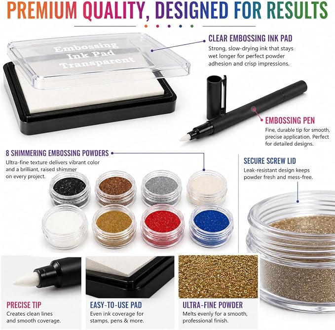 Embossing Kit with Heat Tool Bundle, Embossing Powders, Complete Embossing Starter Kit, Clear Embossing Pen, Embossing Ink Pad, 8X 10ml Embossing Powders for Crafts