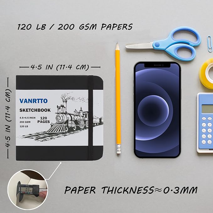 Vanrtto Sketch Book, Square Mixed Media Sketchbook 4.5x4.5 in 2 Pack | Hardcover Square Sketch Book 120LB/200GSM Drawing Paper, 240 Pages/120 Sheets Sketch Pad for Adults, Mixed Media Sketchbook
