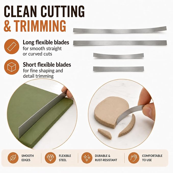 12 Pcs Polymer Clay Tools Kit, Acrylic Roller Rolling Pin Cutters | Air Dry Clay Sculpting Supplies Set, Small Clear Craft Roller, Tissue Blades Knife Slicer, Sheet Press Board, Texture Needle