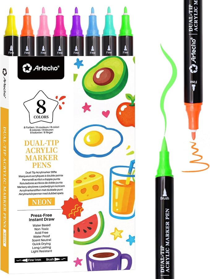 Artecho Acrylic Paint Markers 8 Fluorescent Colors