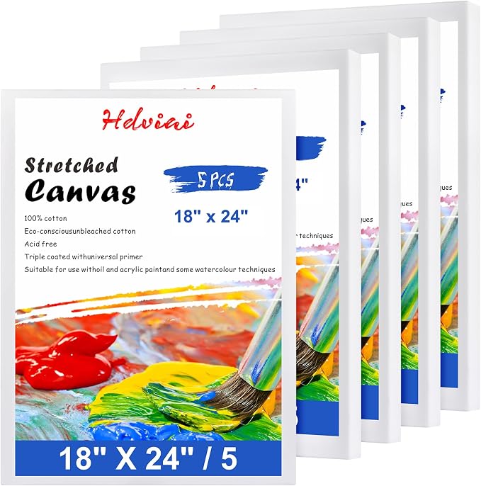 Stretched Canvas for Painting - 18x24 Inch/5 Canvas Value Pack - Triple Primer Acid Free 100% Cotton Blank Canvas for Painting Supplies Oil and Acrylic Pouring Art Watercolor