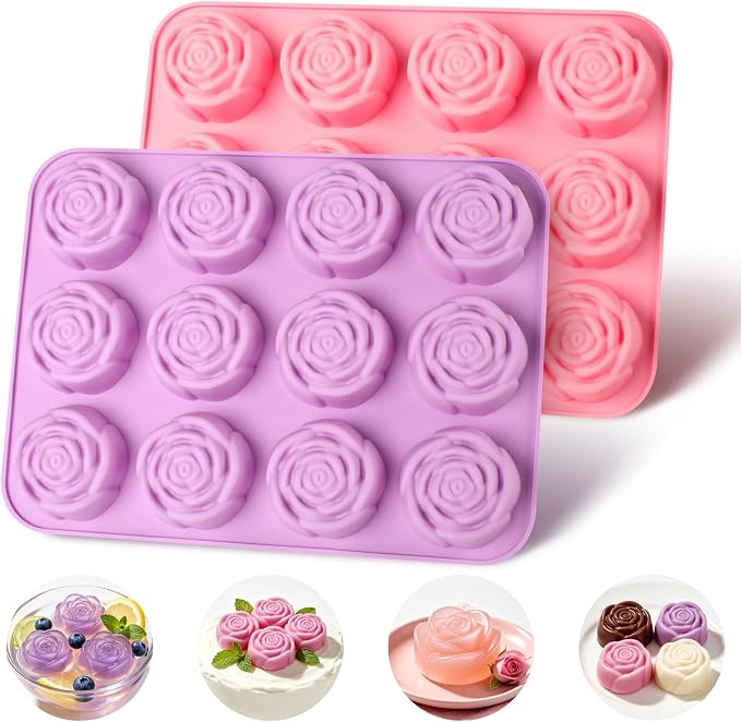 AgePlace 2 Pack Rose Silicone Mold, 24 Cavities Rose Chocolate Mold, Food-Grade Flower Silicone Molds for Chocolate, Candy, Ice Cube, Gummy, Jello, Soap, Candles